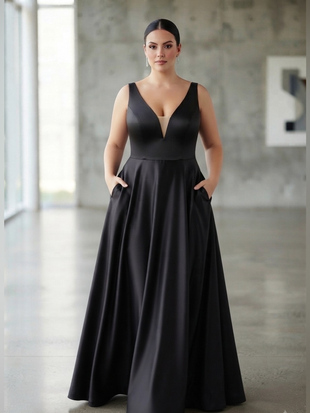 NWOT Women’s Elegant Formal Black Satin Long Dress Plus Size 18 V-Neck Full